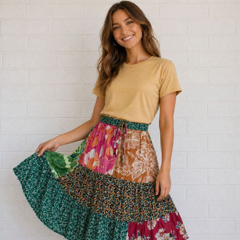 Sacred Threads S M Colorful 3 Tier Floral Patchwork Elastic Waist Rayon Skirt
